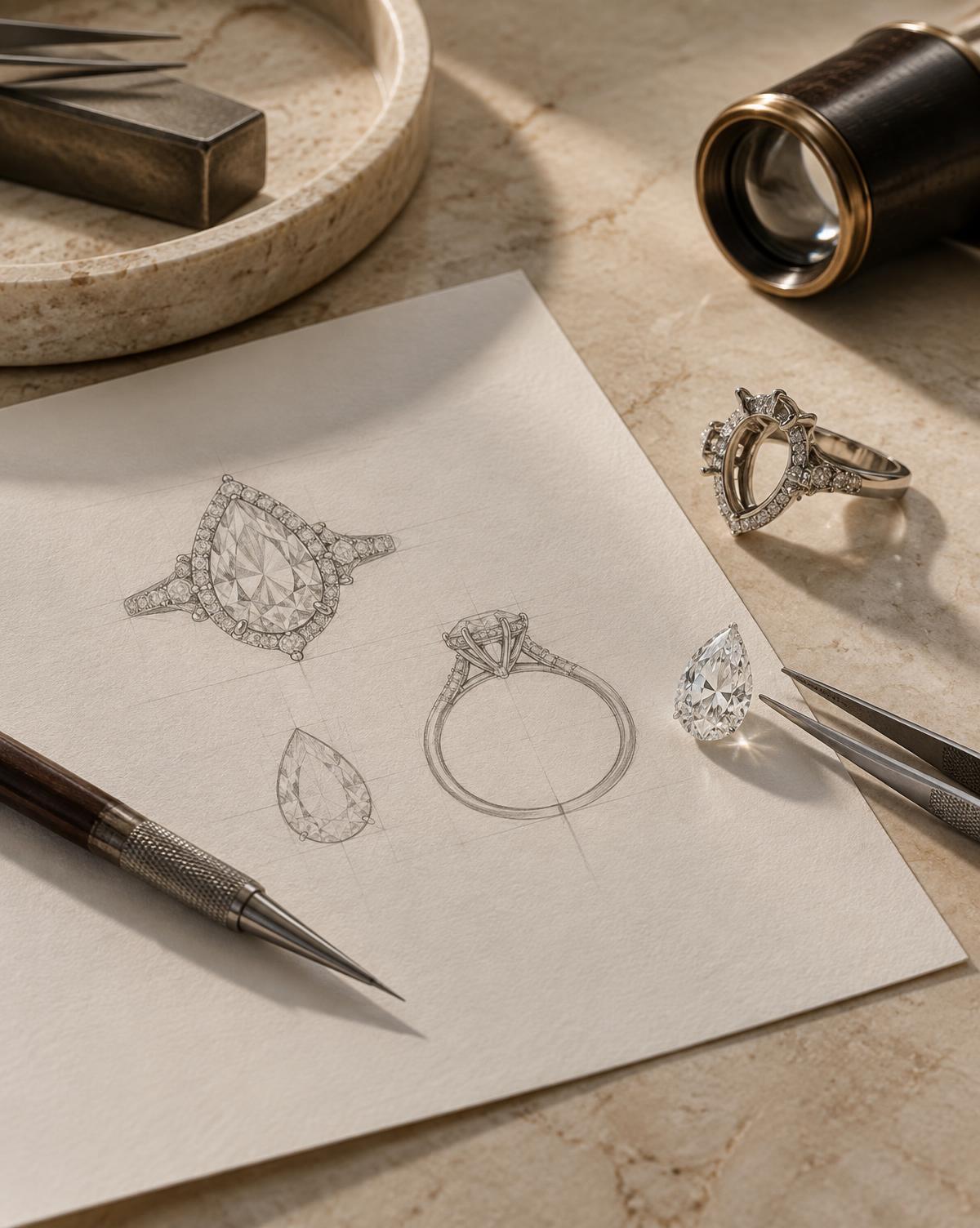 Bespoke jewellery sketches, loose diamond and a finished ring